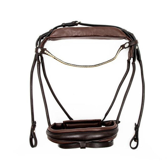 Finesse Bridles Cassidy Trense, rundsyet m. bredt næsebånd - brun/brun/guld - animondo.dk